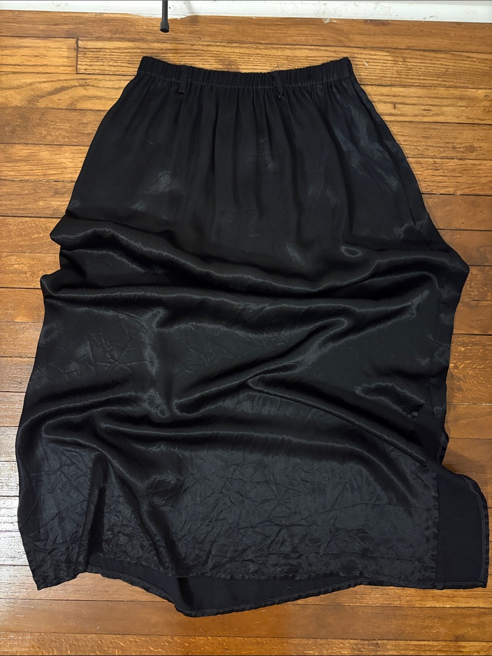 Vintage 1980s Hunter Black Satin-Look Maxi Skirt with Elastic Waist - Picture 1 of 3